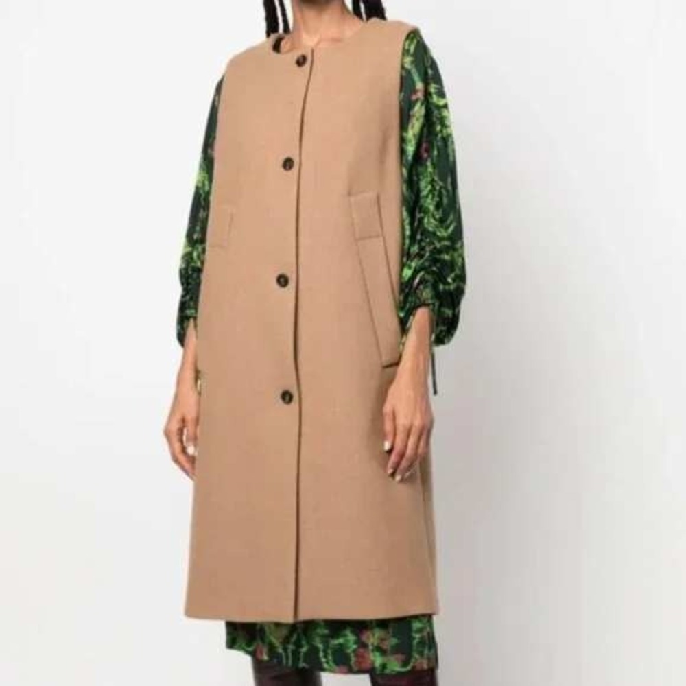 TELA Womens Cappotto Bimba Beige Wool Blend Sleeveless Long Vest Coat Sz 42 READ